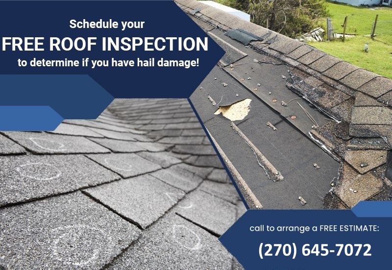 Promotional image for Rite-Way Roofing & Restoration containing a free roof inspection offer and some images of hail damaged roofs.